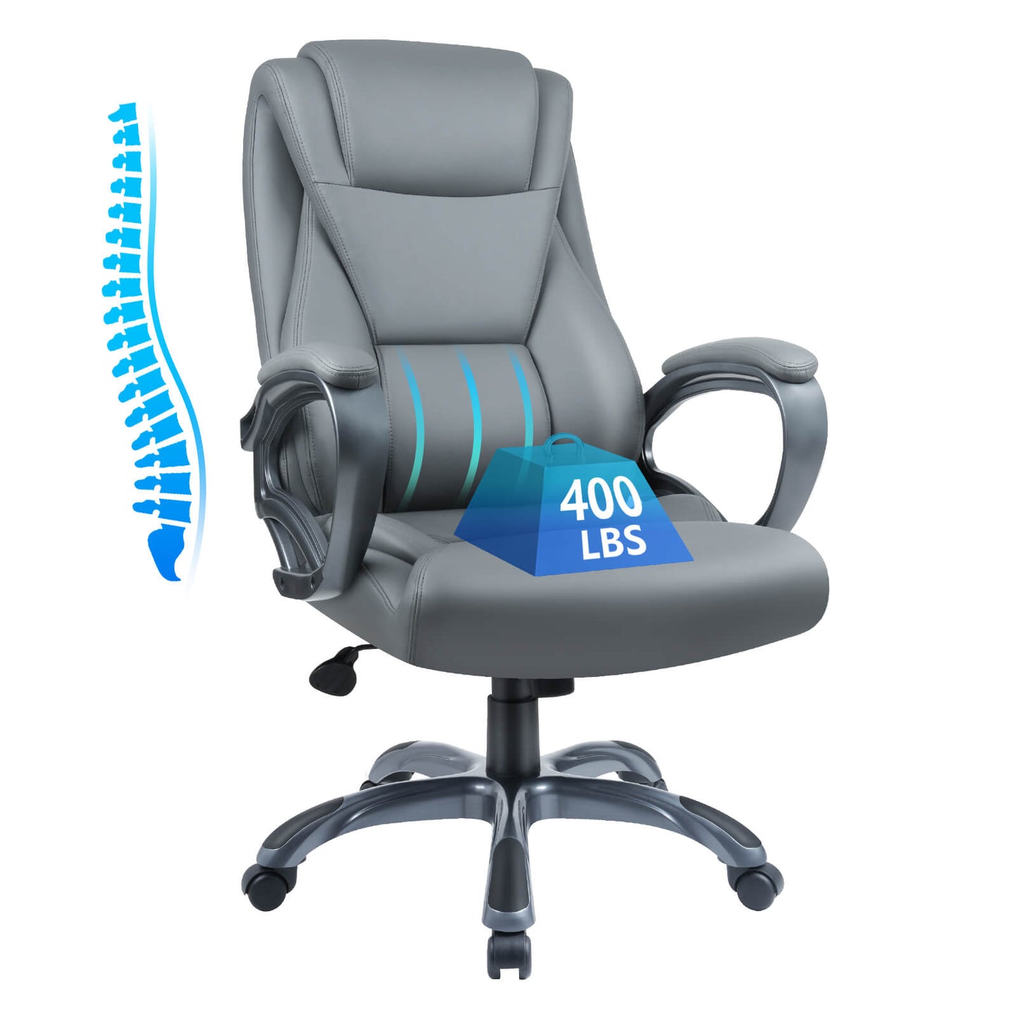 Soontrans Executive Office Chair 400lbs Wide Seat Leather Desk Chair for Heavy People (Grey)