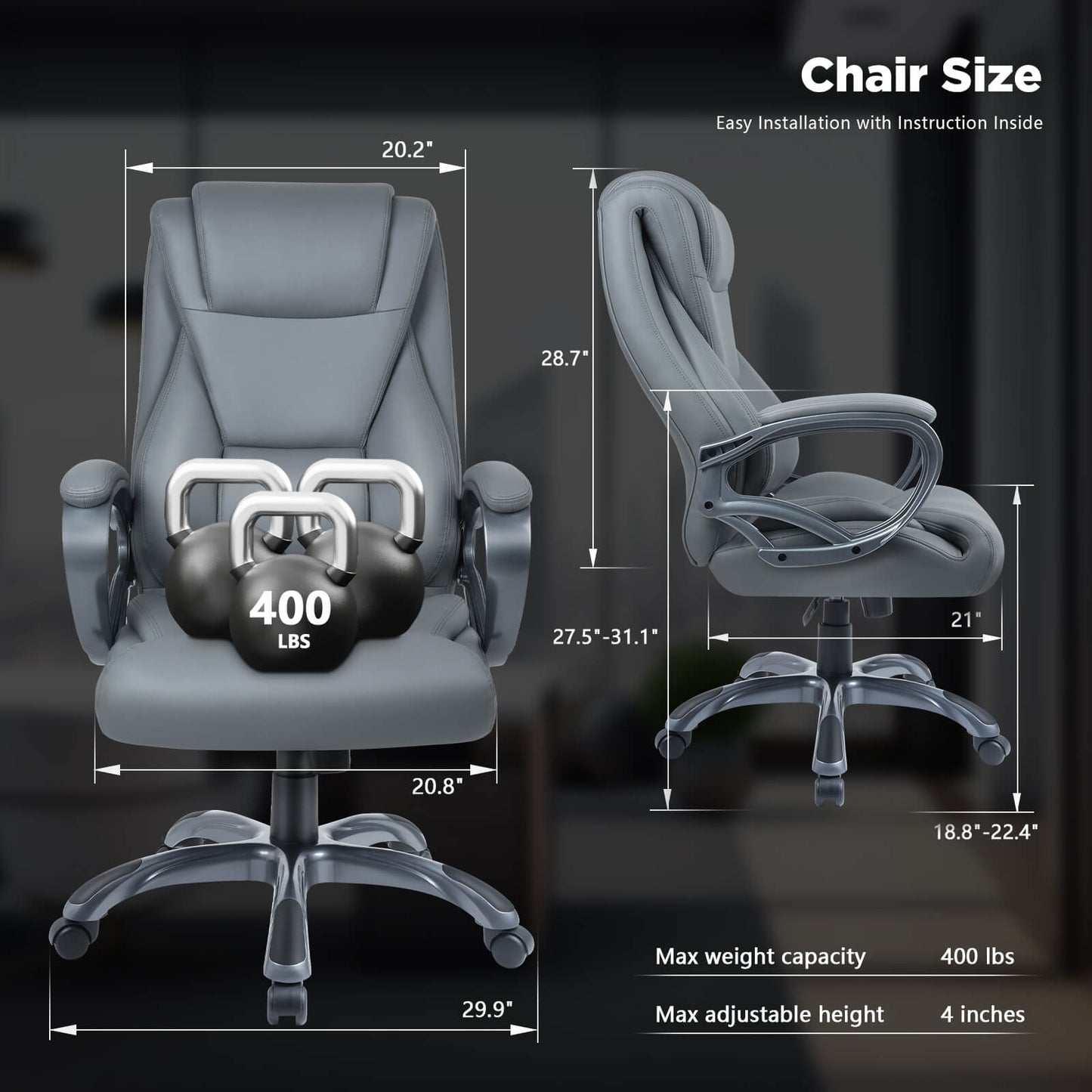 Soontrans Executive Office Chair 400lbs Wide Seat Leather Desk Chair for Heavy People (Grey)