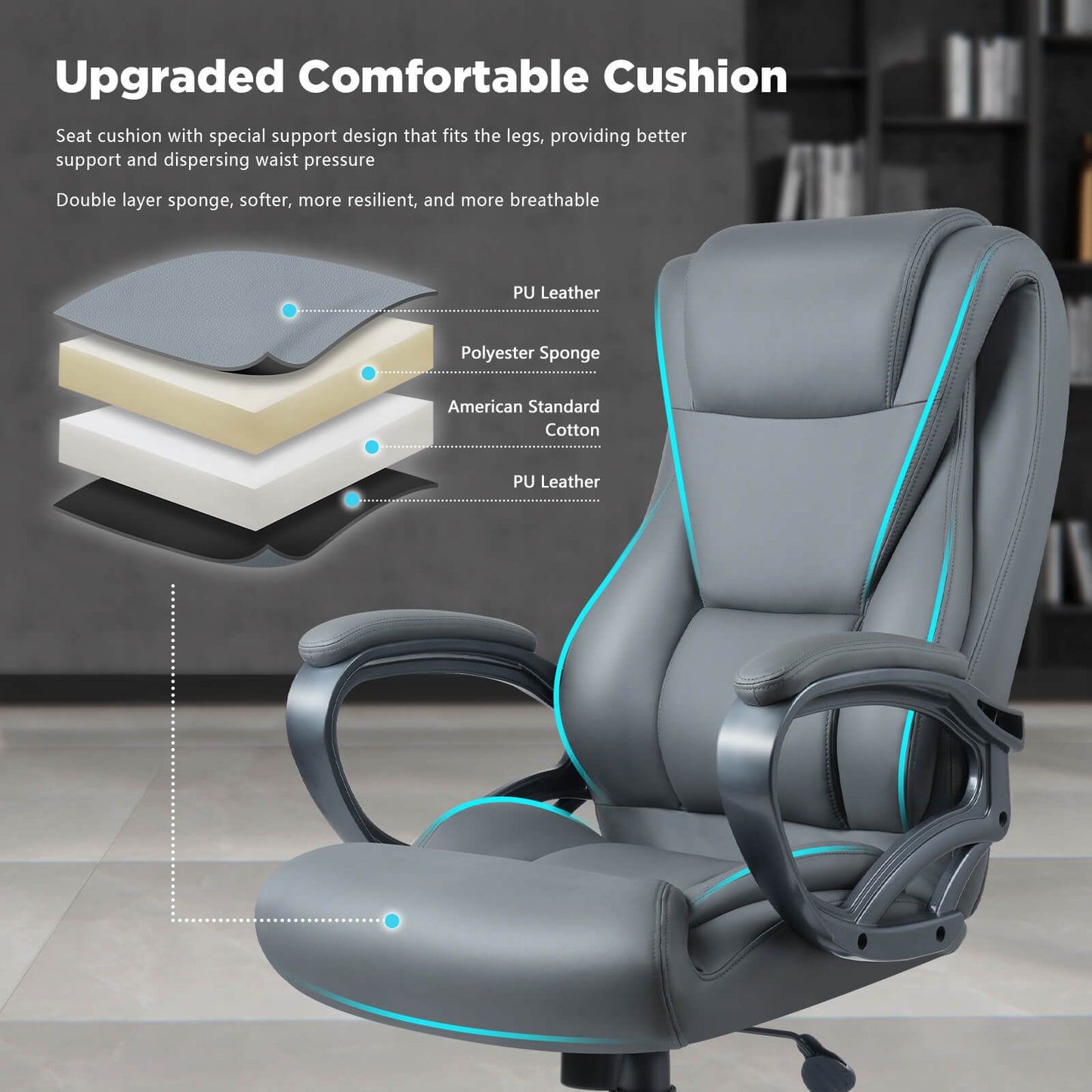 Soontrans Executive Office Chair 400lbs Wide Seat Leather Desk Chair for Heavy People (Grey)