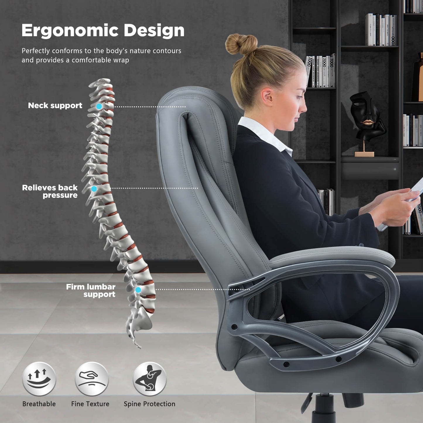 Soontrans Executive Office Chair 400lbs Wide Seat Leather Desk Chair for Heavy People (Grey)