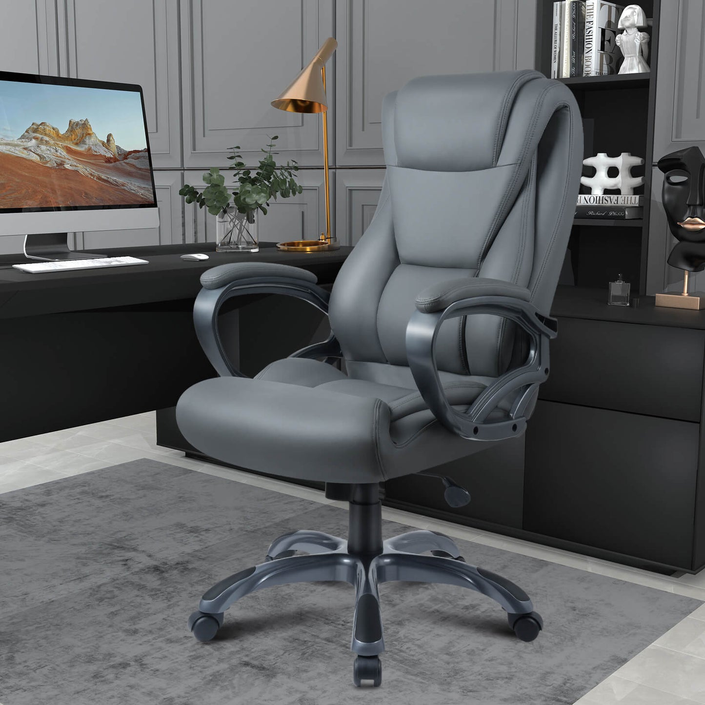 Soontrans Executive Office Chair 400lbs Wide Seat Leather Desk Chair for Heavy People (Grey)