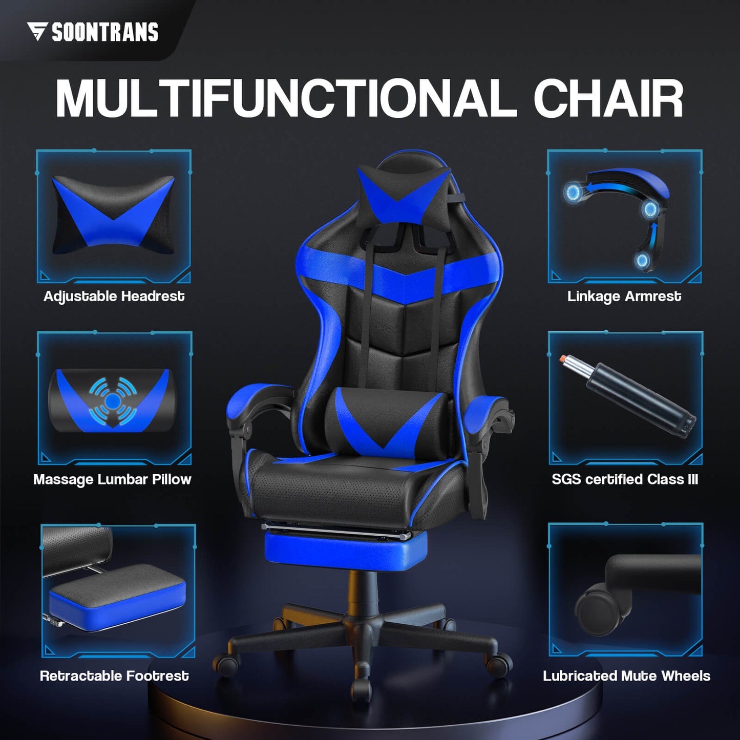 【CAPTAIN 2.0】 Storm Blue Gaming Chair with Footrest - SOONTRANS