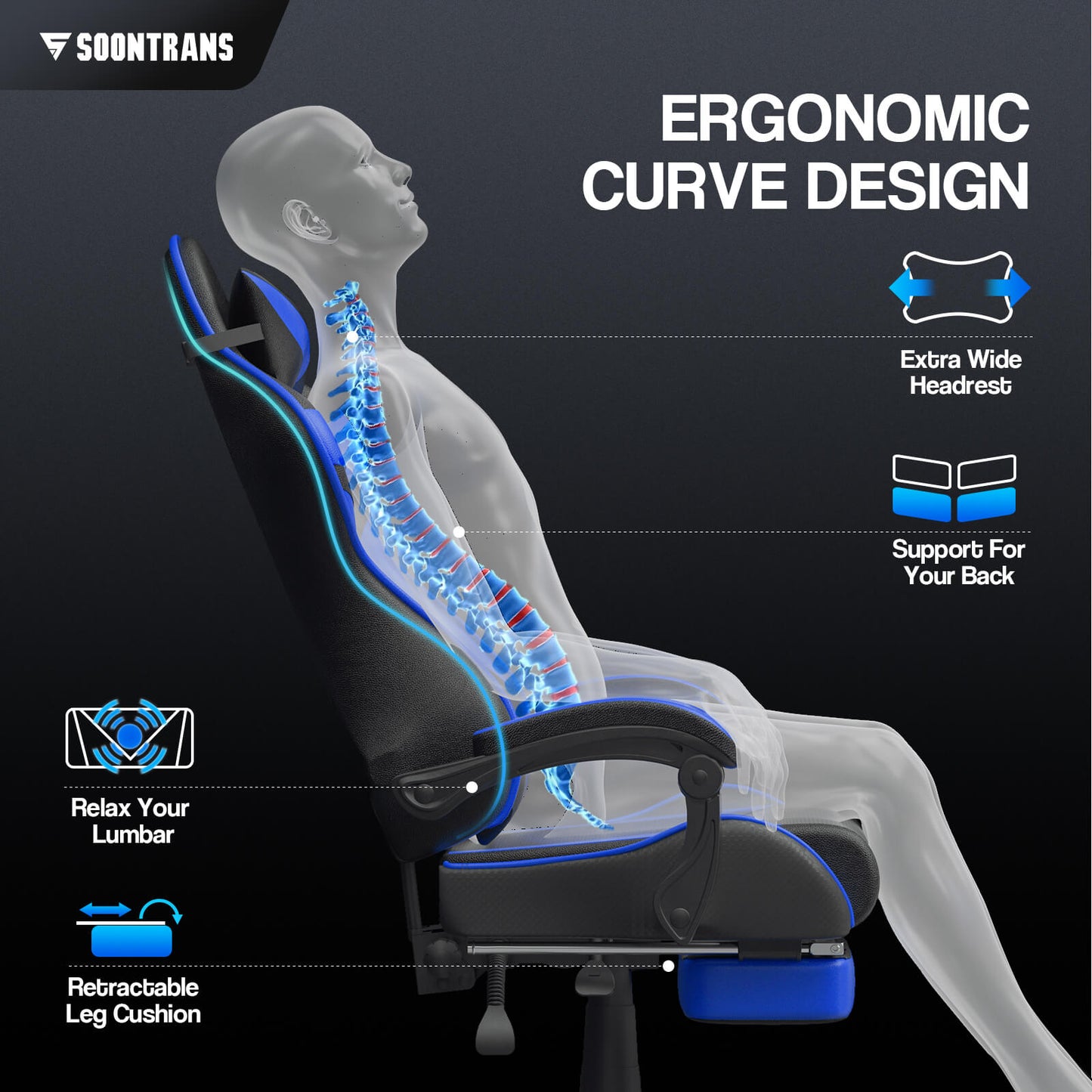 【CAPTAIN 2.0】 Storm Blue Gaming Chair with Footrest - SOONTRANS