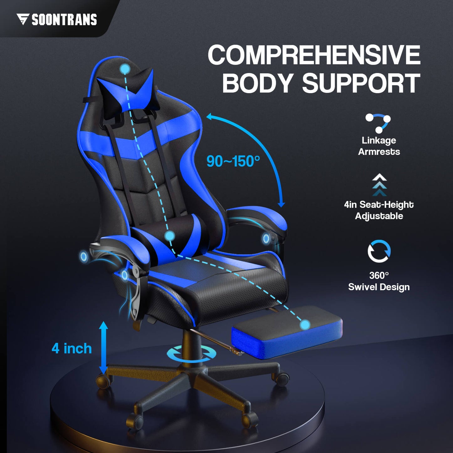 【CAPTAIN 2.0】 Storm Blue Gaming Chair with Footrest - SOONTRANS