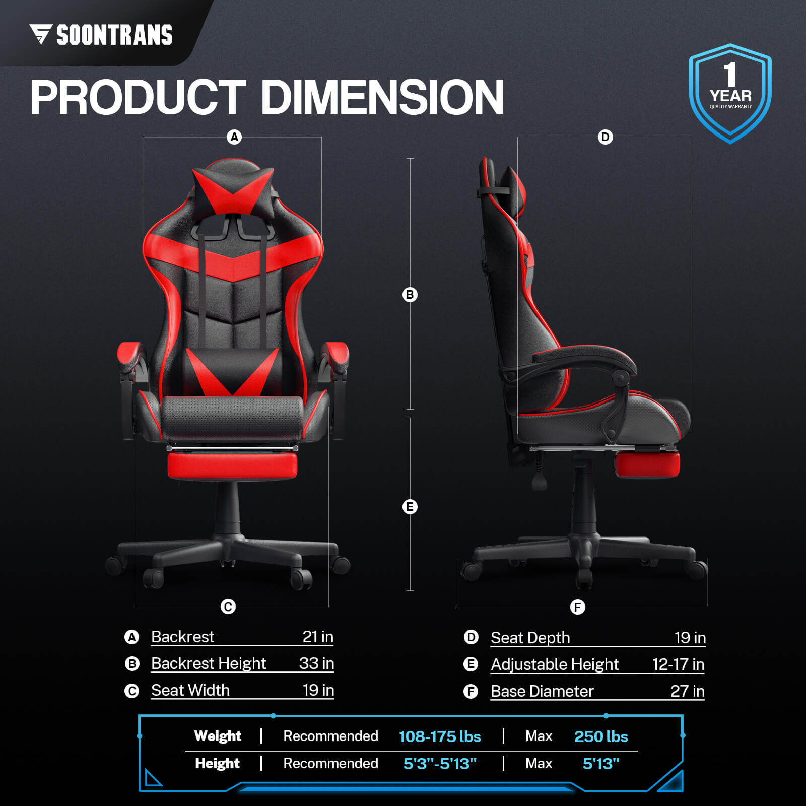 【CAPTAIN 2.0】Vibrant Red Gaming Chair with Footrest - SOONTRANS