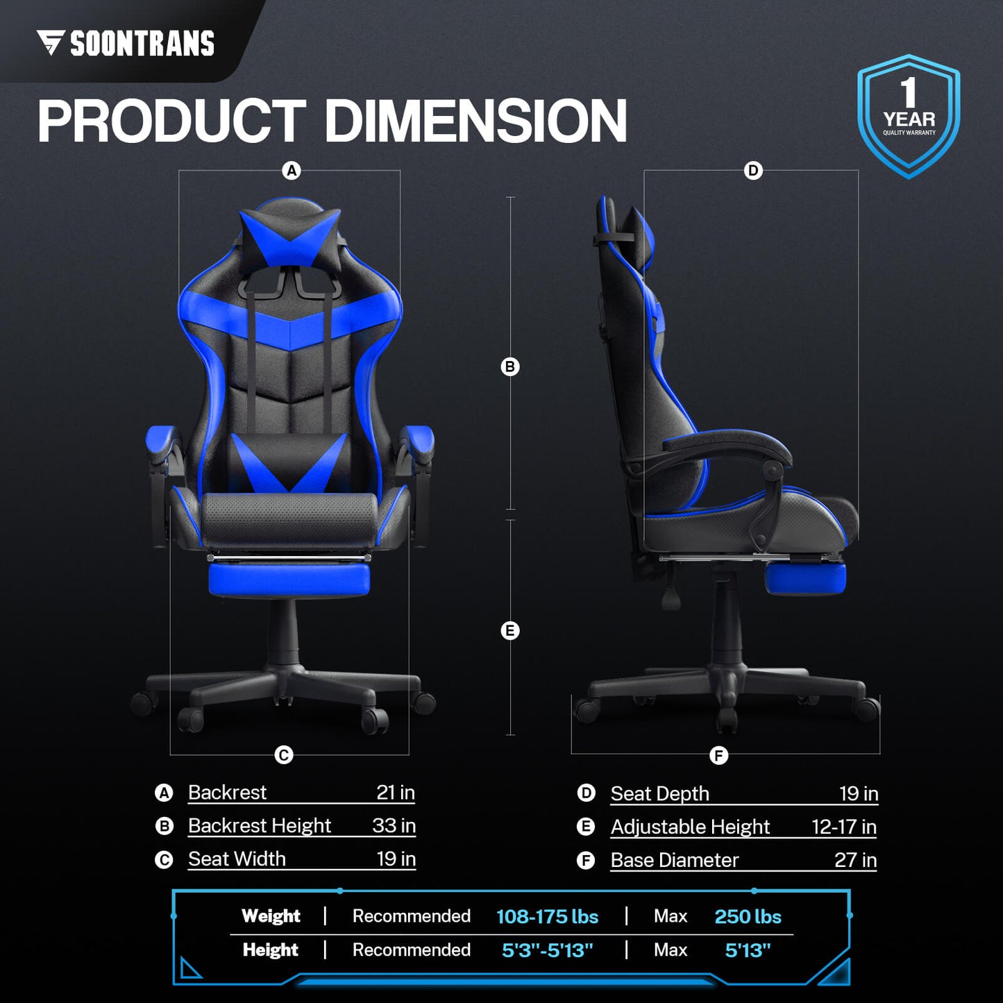 【CAPTAIN 2.0】 Storm Blue Gaming Chair with Footrest - SOONTRANS