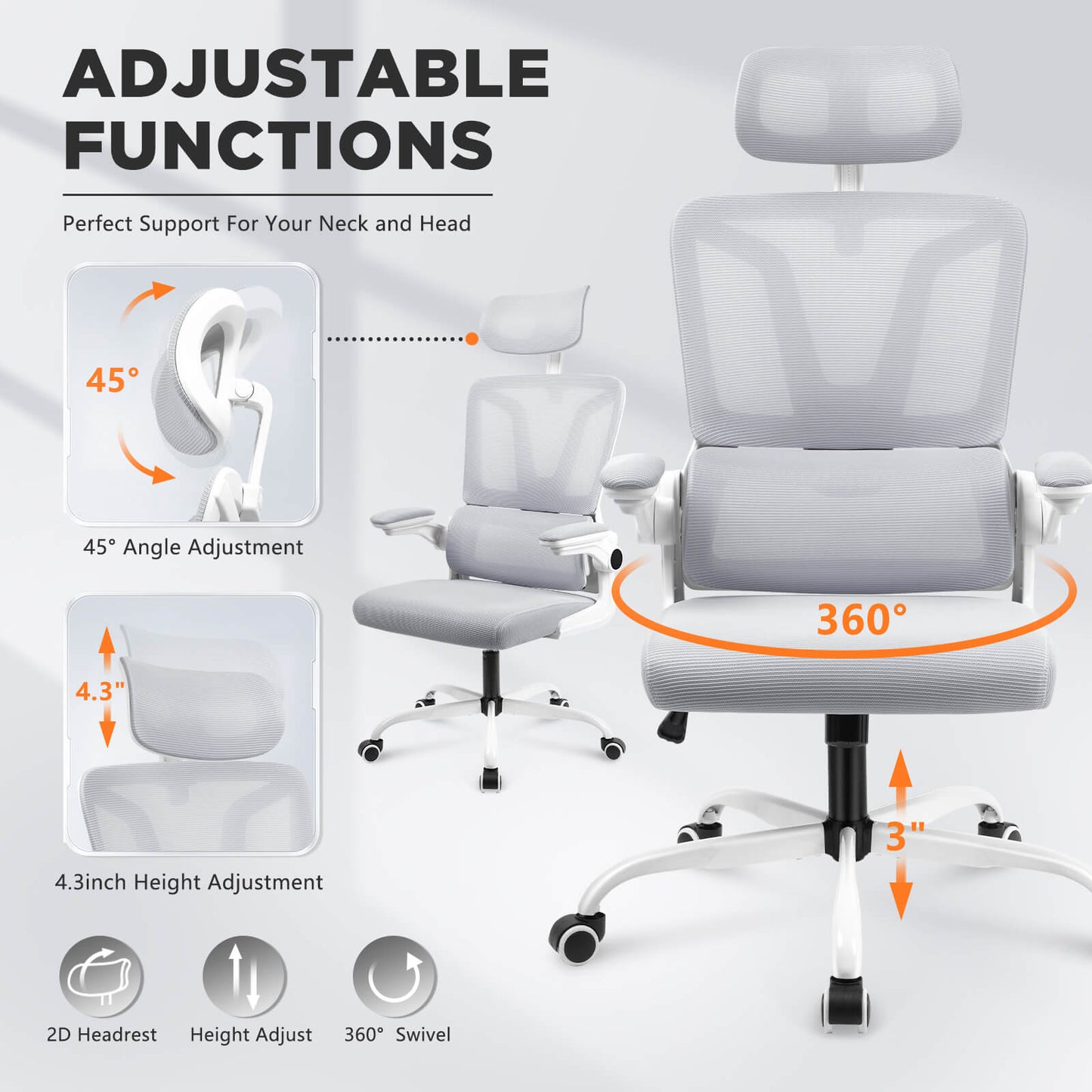 Soontrans Ergonomic Breathable Mesh Office Chair - White Gray