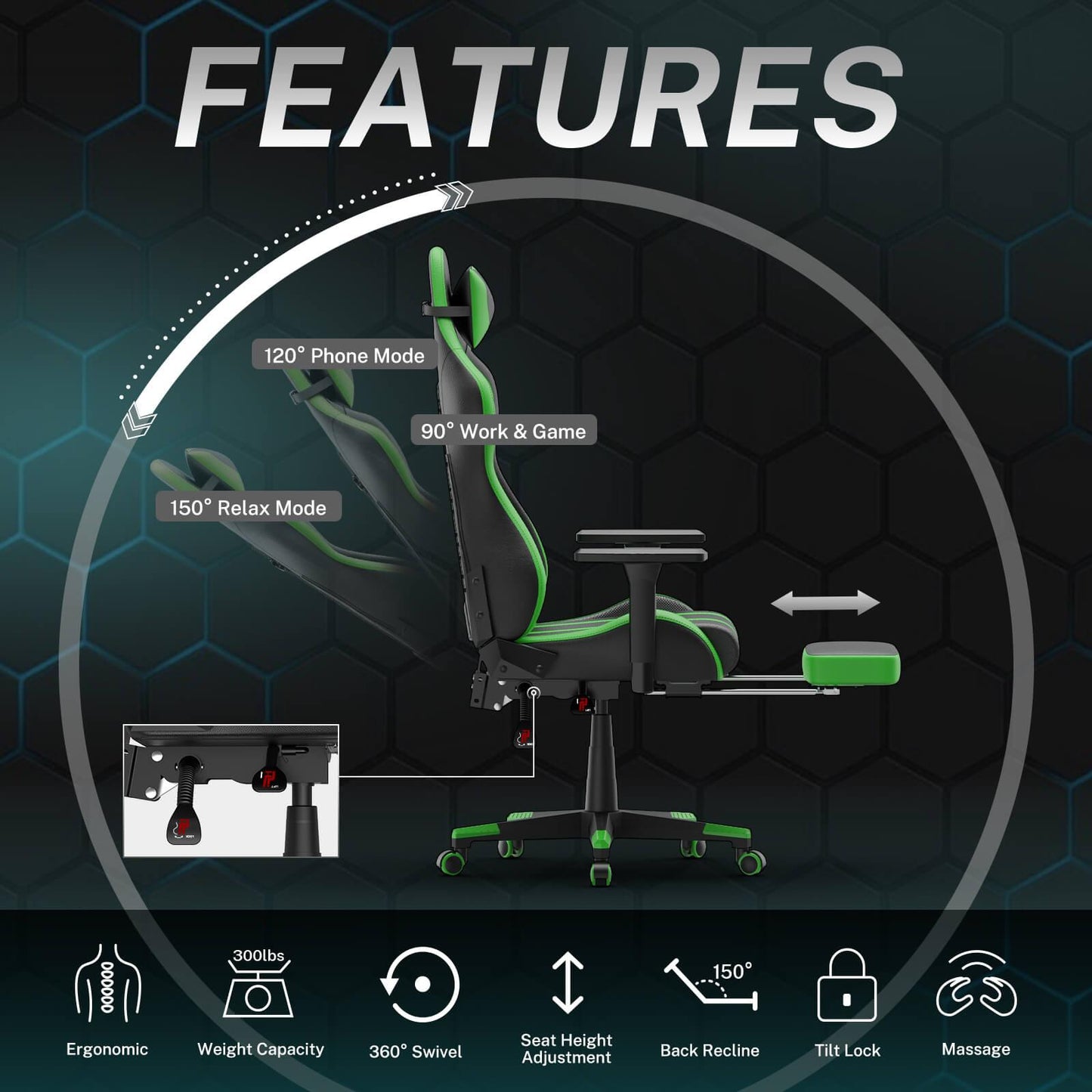 【Designed for Gamers】Alpha Series Green Reclining Gaming Chair with Footrest Ergonomic Video Game Chair - SOONTRANS