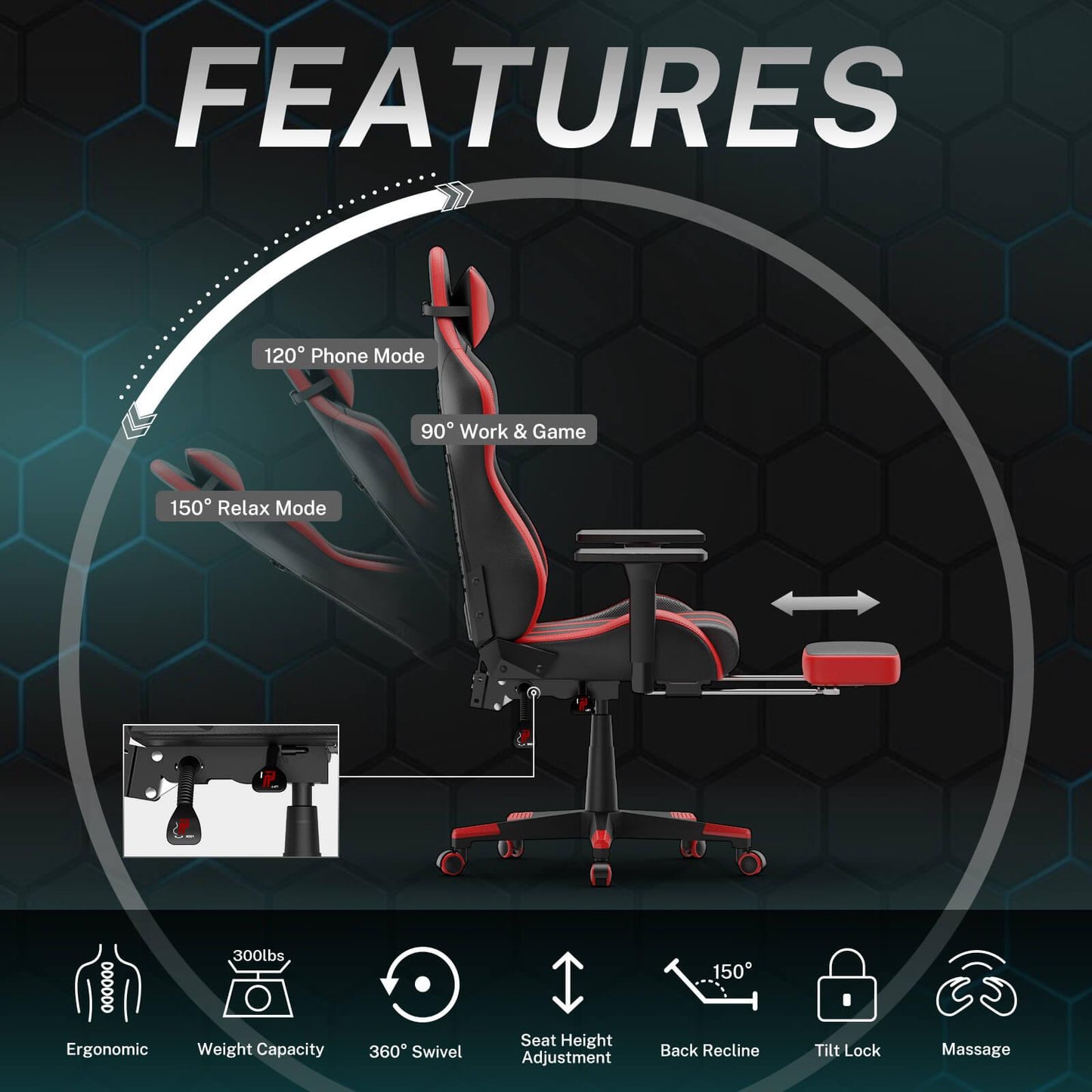 【Designed for Gamers】Alpha Series Red Reclining Gaming Chair with Footrest Ergonomic Video Game Chair - SOONTRANS