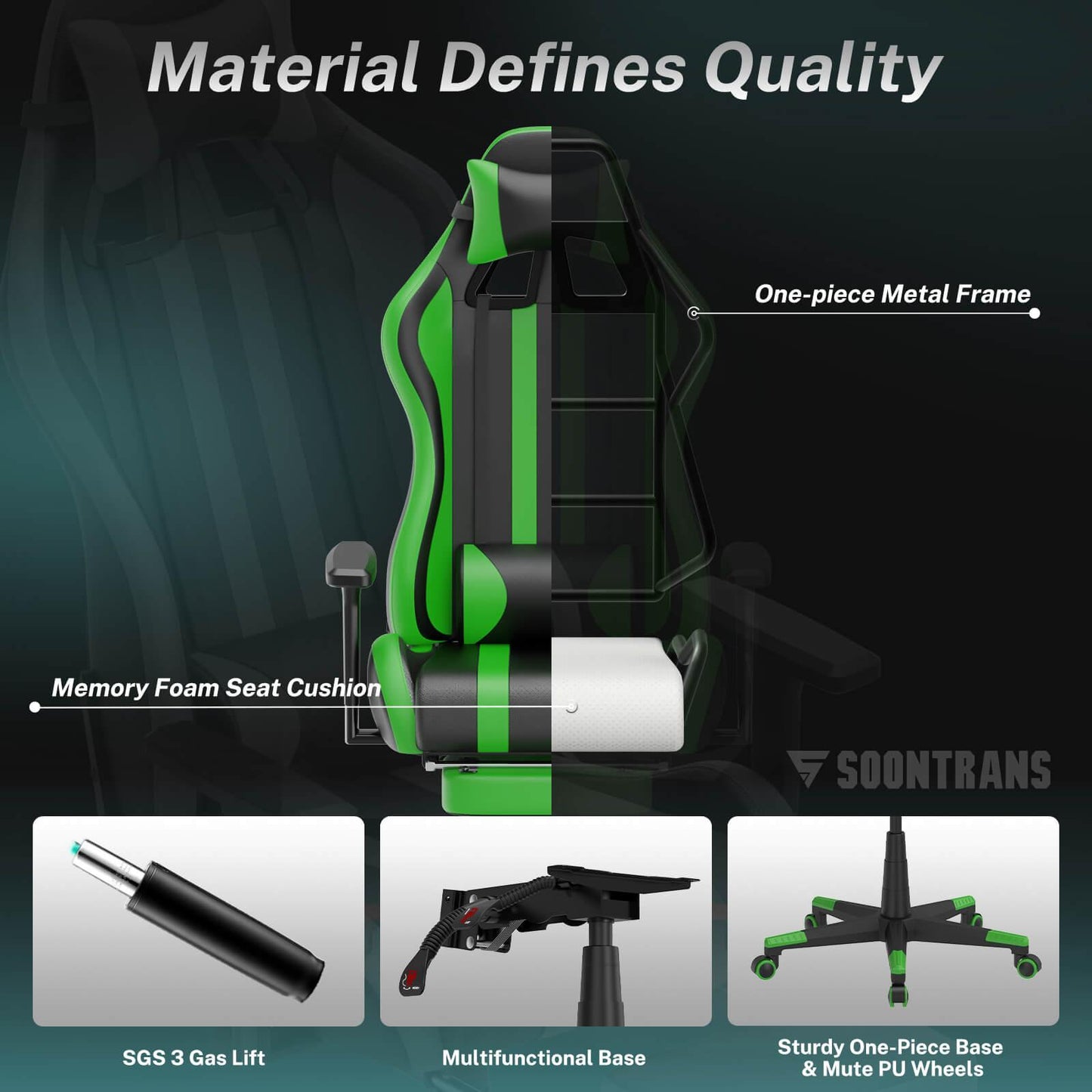 【Designed for Gamers】Alpha Series Green Reclining Gaming Chair with Footrest Ergonomic Video Game Chair - SOONTRANS