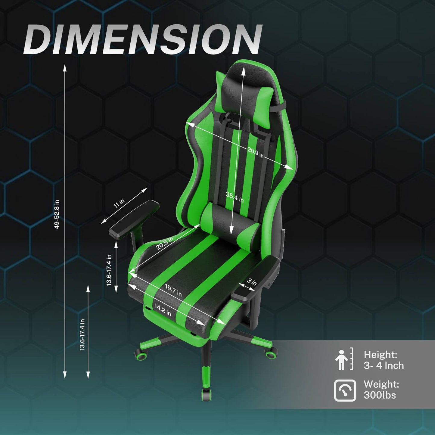 【Designed for Gamers】Alpha Series Green Reclining Gaming Chair with Footrest Ergonomic Video Game Chair - SOONTRANS