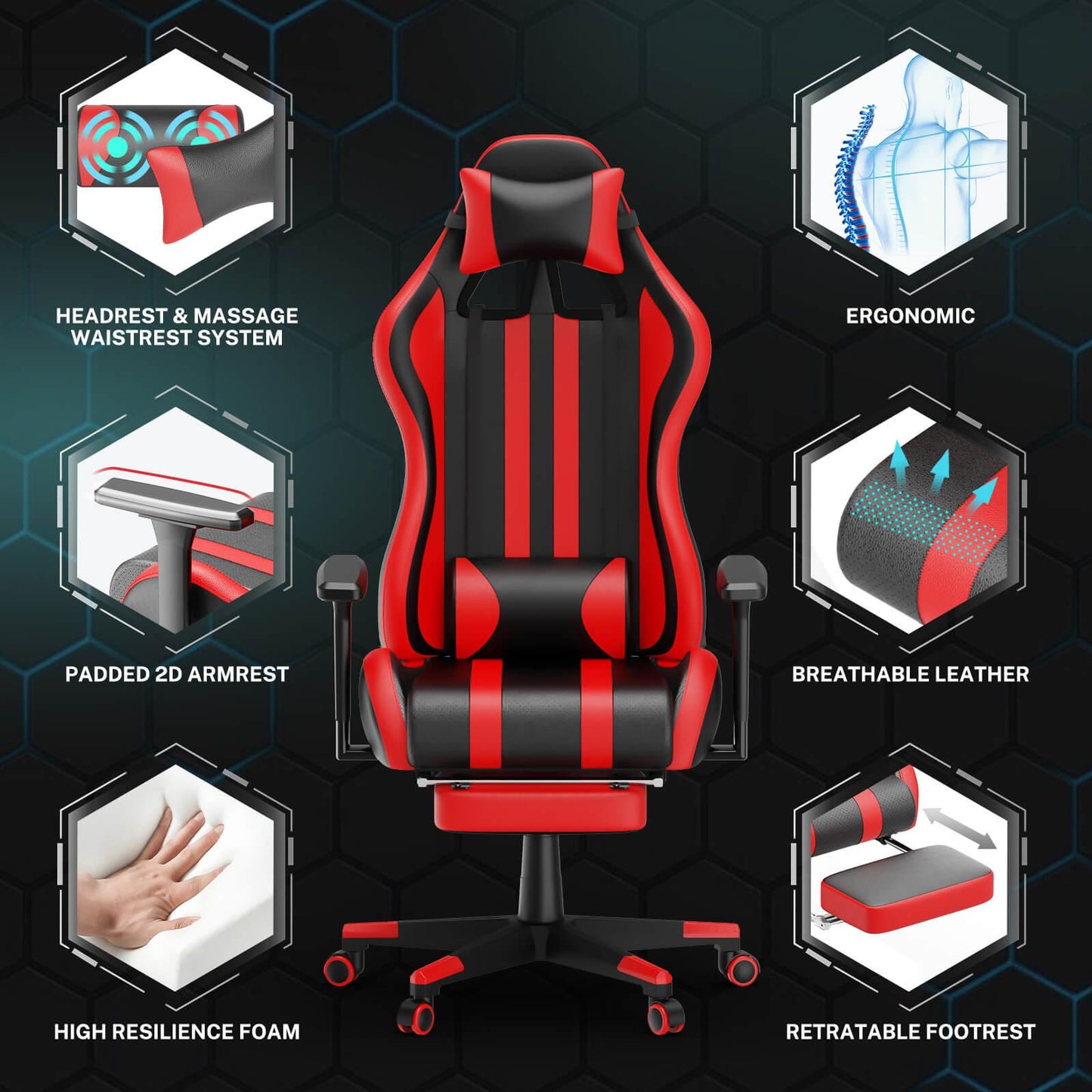 【Designed for Gamers】Alpha Series Red Reclining Gaming Chair with Footrest Ergonomic Video Game Chair - SOONTRANS