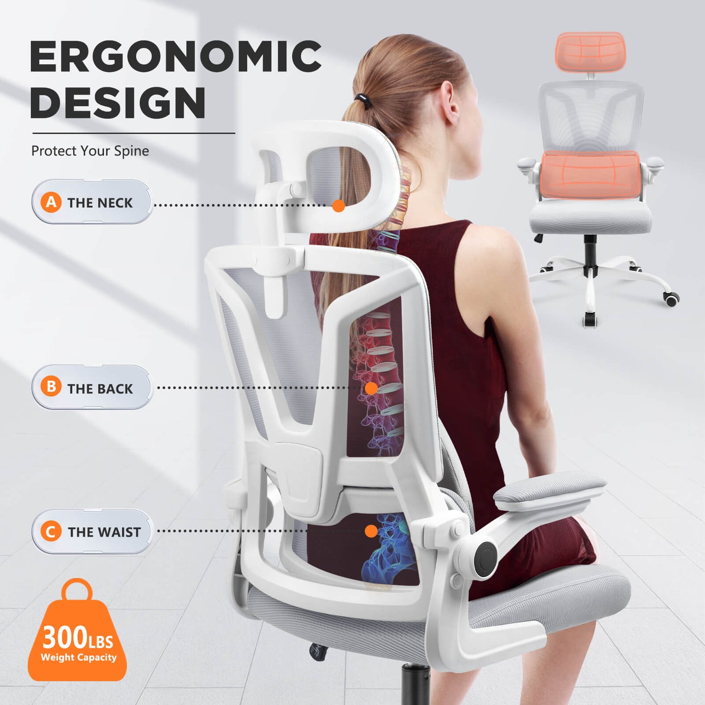 Soontrans Ergonomic Breathable Mesh Office Chair - White Gray