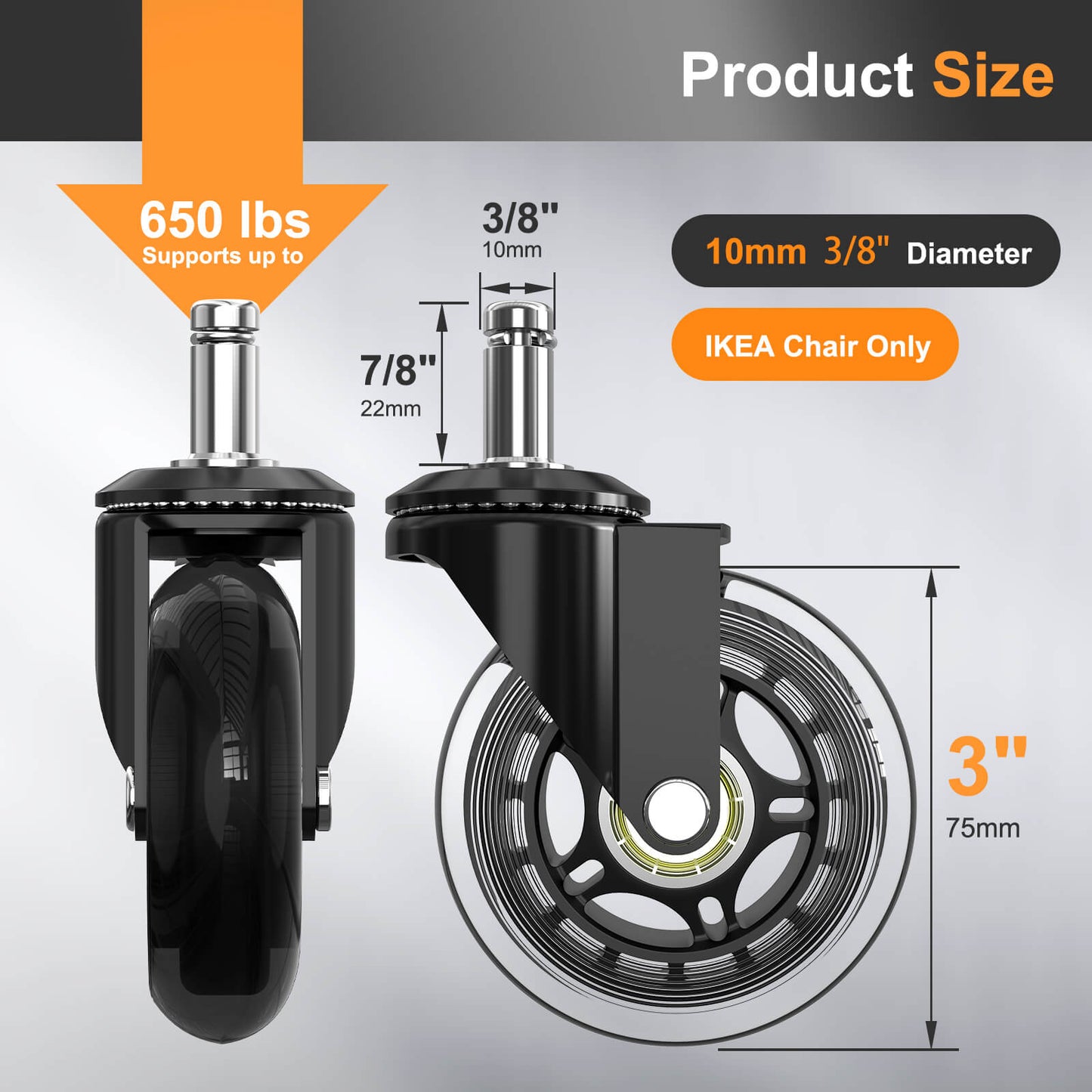 【Compatible with IKEA Chairs ONLY】Soontrans Office Chair Wheels 10mm Stem Desk Chair Caster Wheels Protection for Hardwood Floors Carpet -Set of 5
