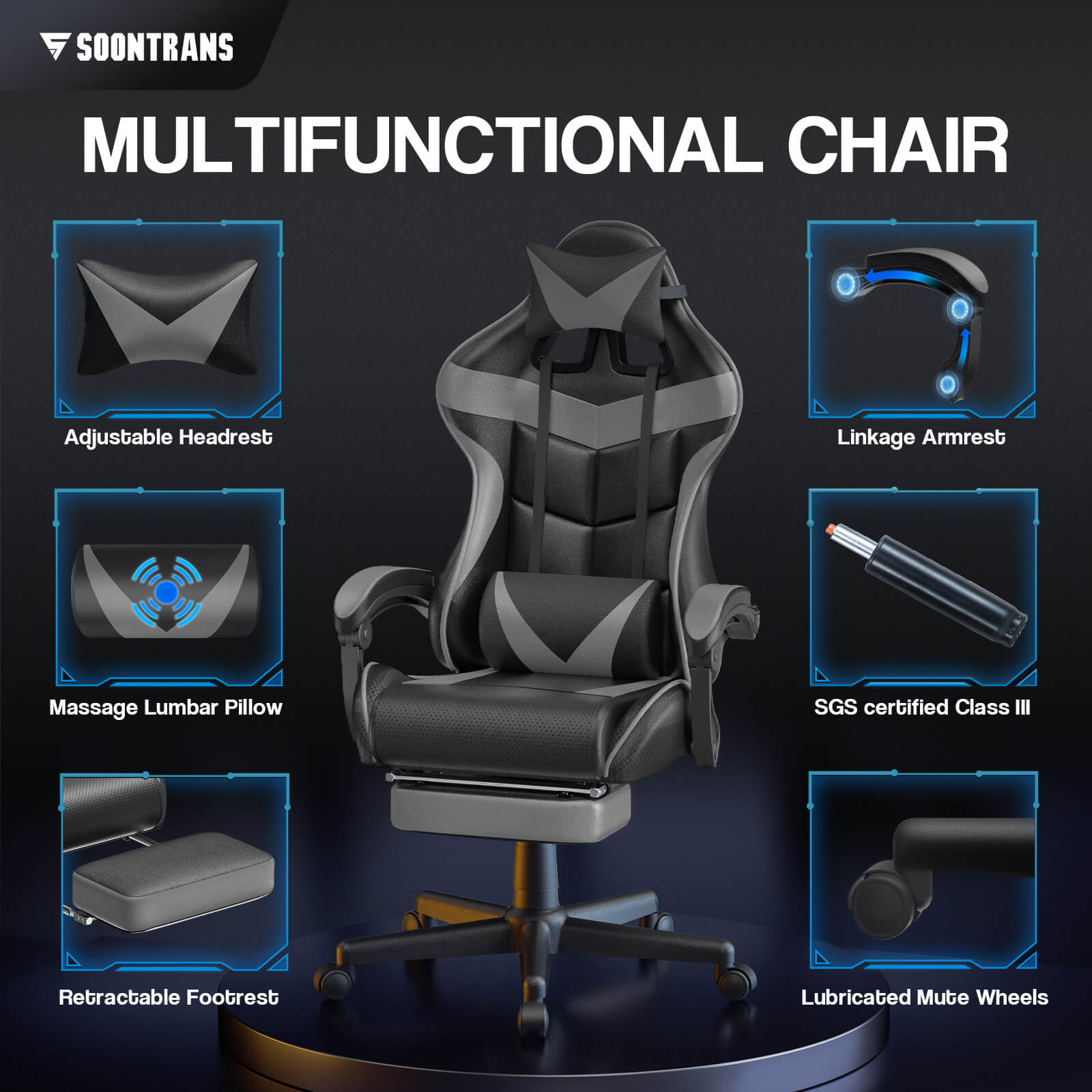 【CAPTAIN 2.0】Galaxy Grey Gaming Chair with Footrest - SOONTRANS