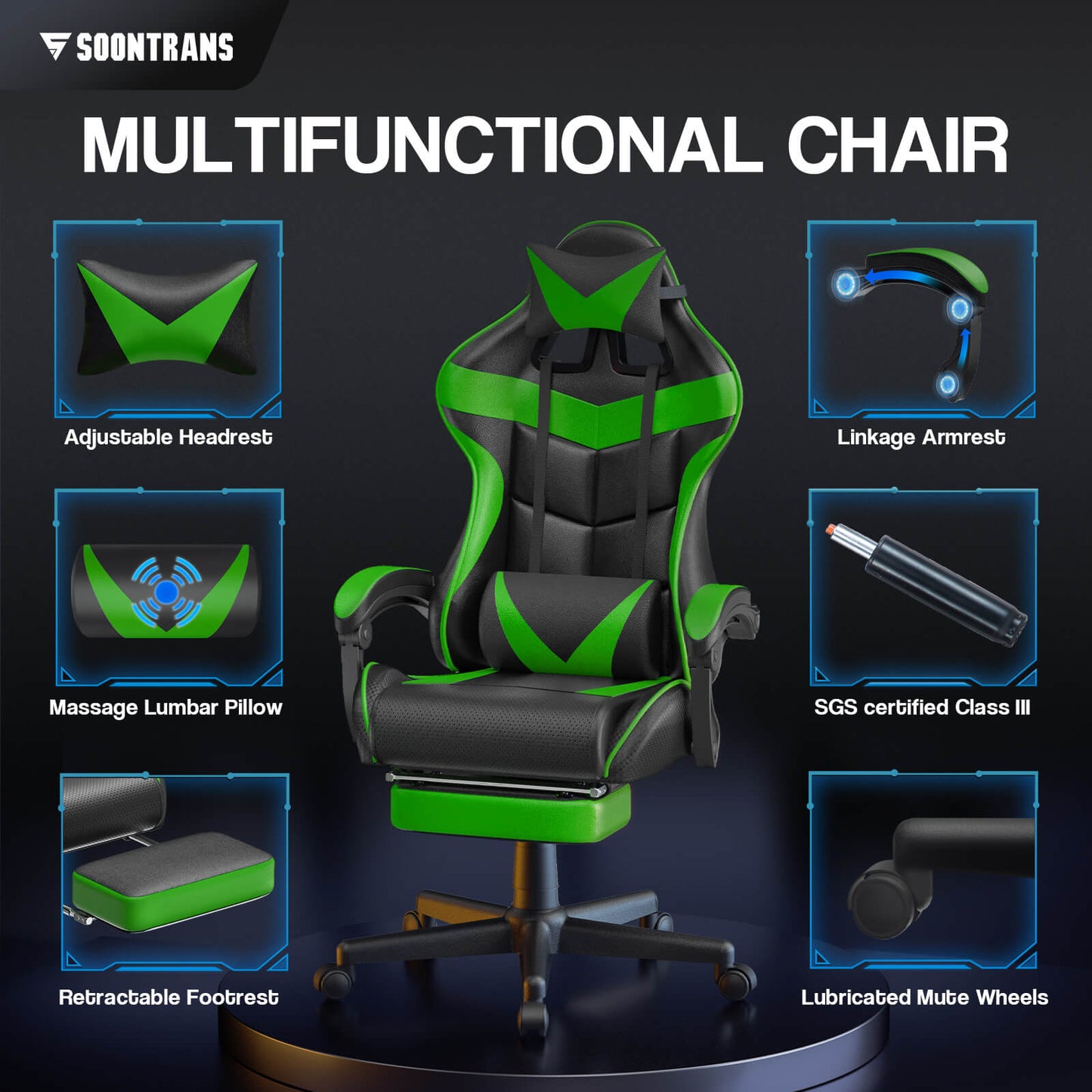 【CAPTAIN 2.0】Jungle Green Gaming Chair with Footrest - SOONTRANS