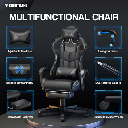 【Free Shipping | $20 off at checkout】Limited Edition Massage Gaming Chair Home Office Carbon Black Chair with Leg Rest - SOONTRANS