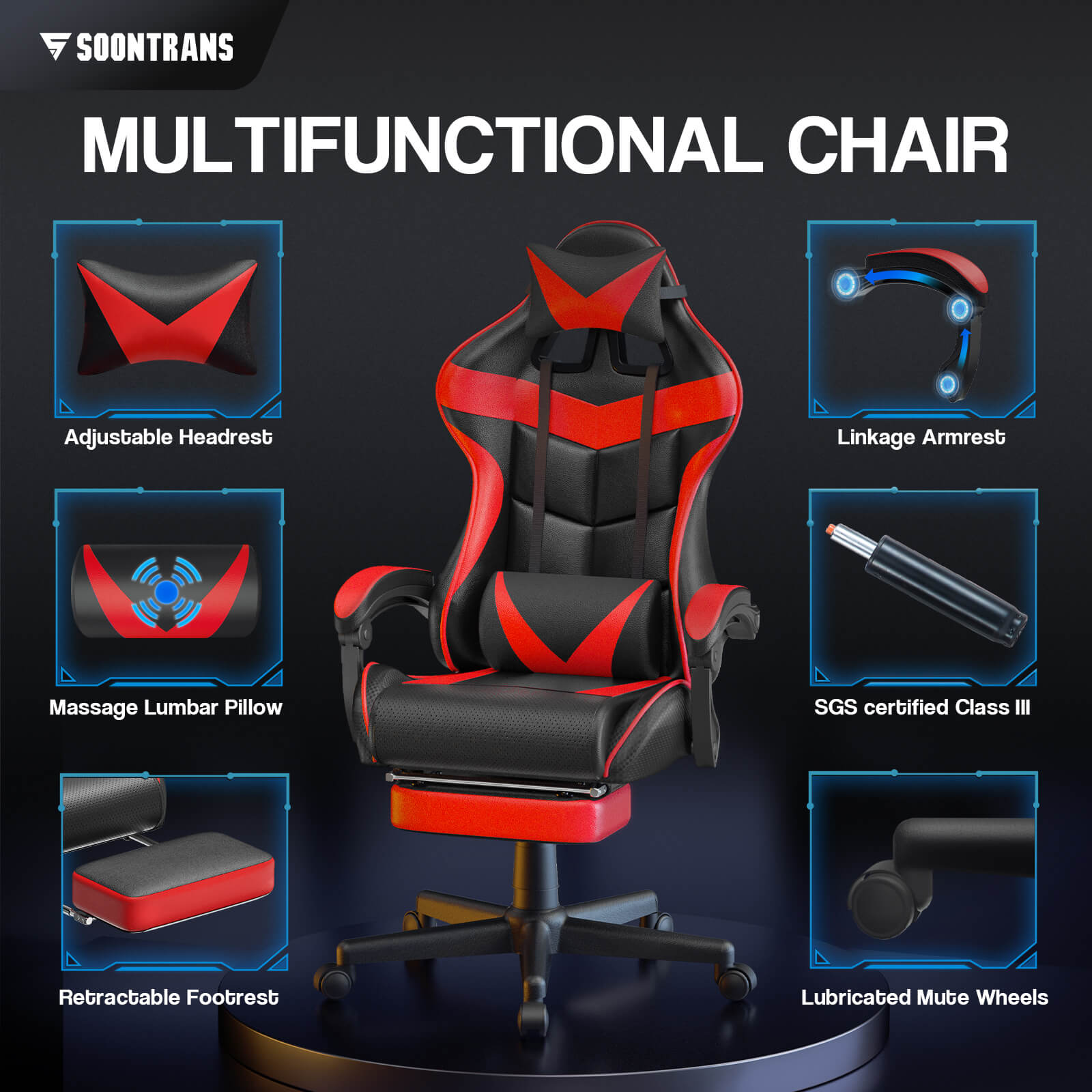 Soontrans Red Gaming Chair,Computer Chair with Massage Lumbar Support and  Headrest,Height Adjustment Desk Chair with High-Back,Red Rolling Gamer Chair  with Linkage Armrests(Ruby Red) - Yahoo Shopping