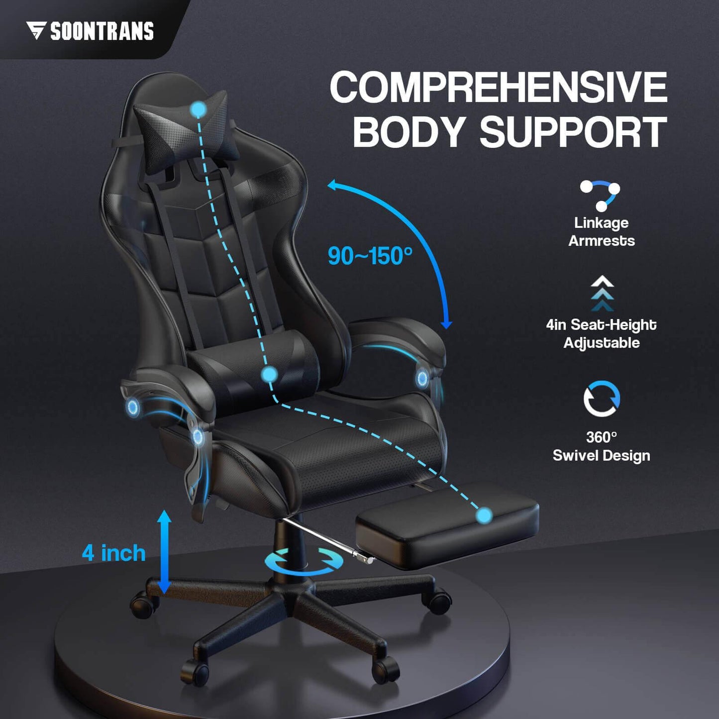 【Free Shipping | $20 off at checkout】Limited Edition Massage Gaming Chair Home Office Carbon Black Chair with Leg Rest - SOONTRANS