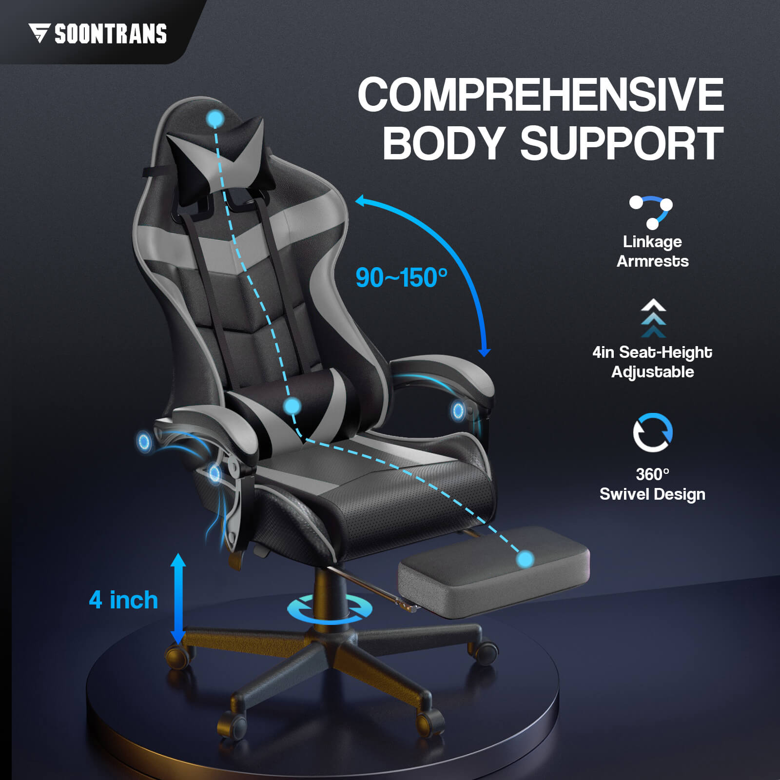 【CAPTAIN 2.0】Galaxy Grey Gaming Chair with Footrest - SOONTRANS