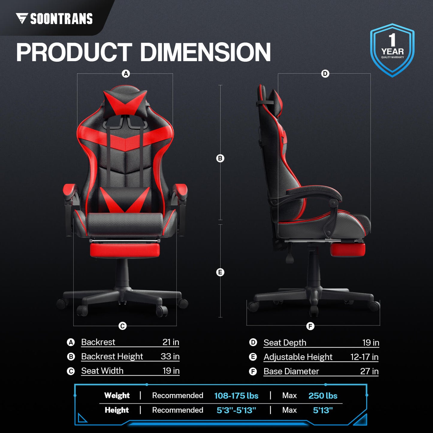 【CAPTAIN 2.0】Vibrant Red Gaming Chair with Footrest - SOONTRANS