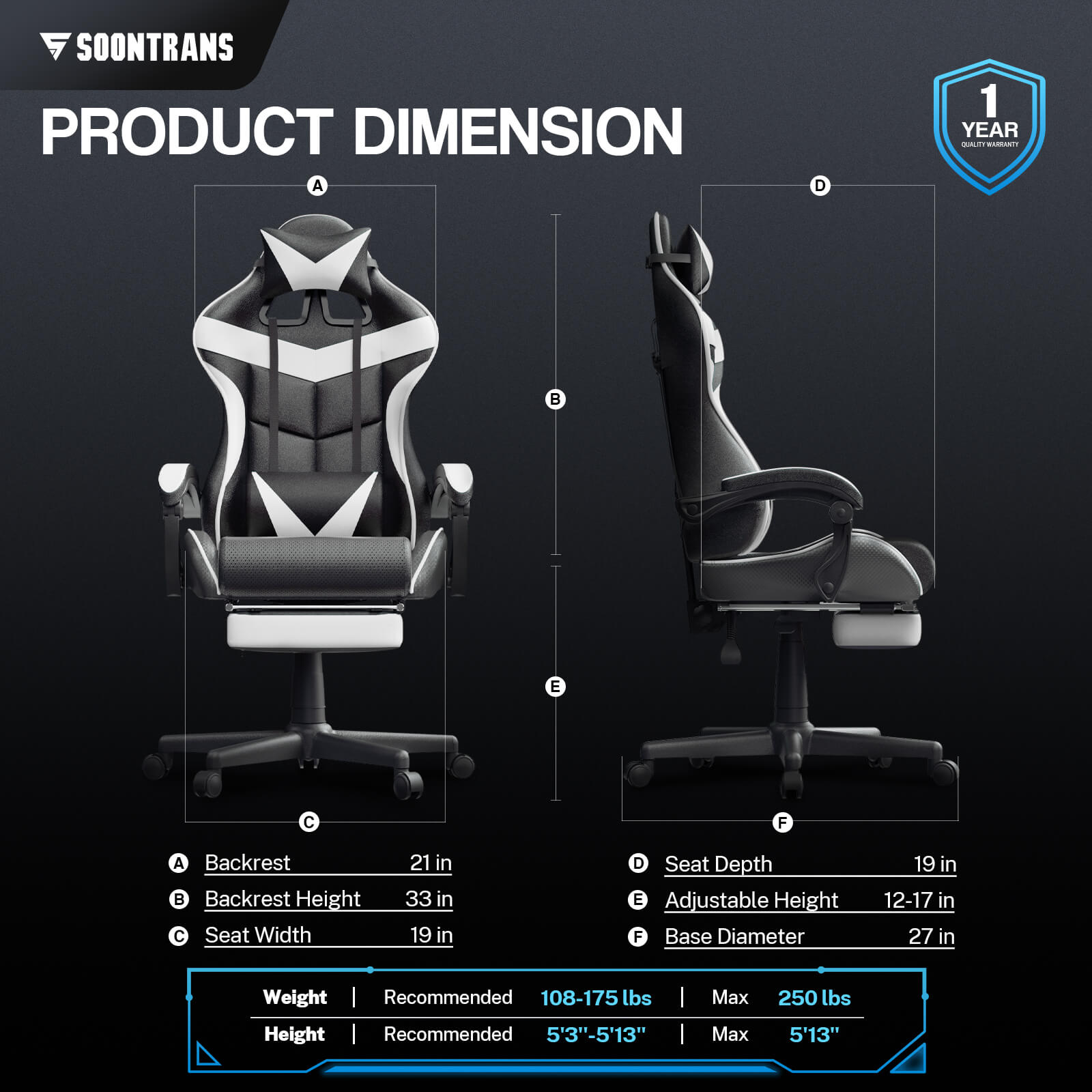 【CAPTAIN 2.0】Polar White Gaming Chair with Footrest - SOONTRANS