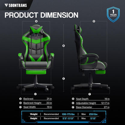 【CAPTAIN 2.0】Jungle Green Gaming Chair with Footrest - SOONTRANS