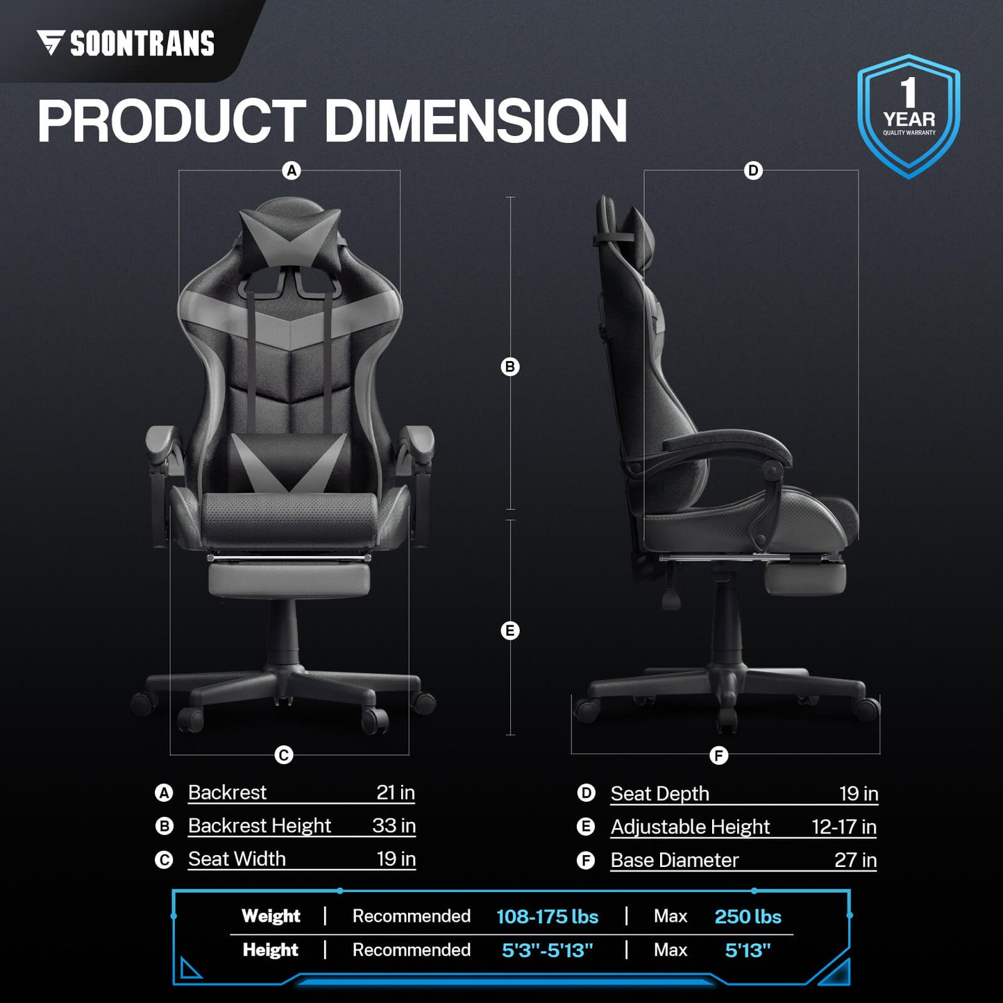 【CAPTAIN 2.0】Galaxy Grey Gaming Chair with Footrest - SOONTRANS