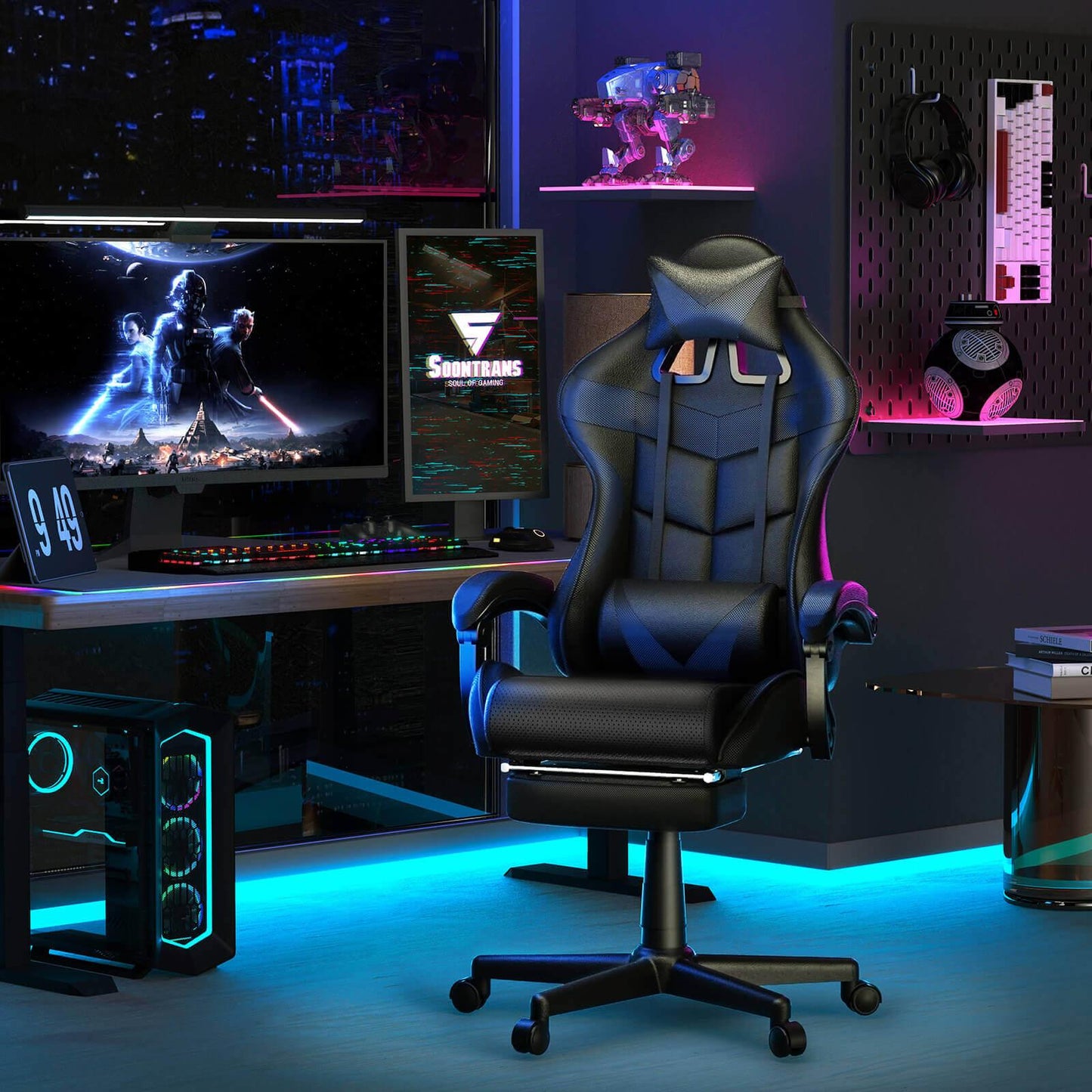 【Free Shipping | $20 off at checkout】Limited Edition Massage Gaming Chair Home Office Carbon Black Chair with Leg Rest - SOONTRANS