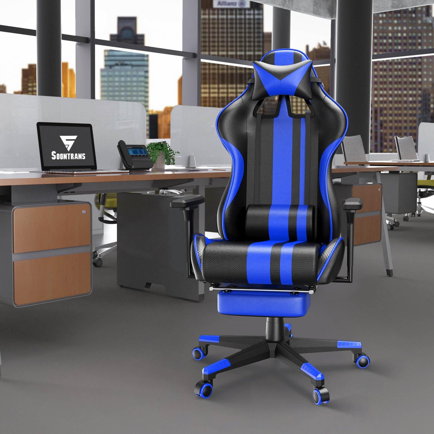 AMG Series Blue Upgrade Version Gaming Chair for Back Pain LOL Gaming Chair with Retractable Thicken Footrest - SOONTRANS