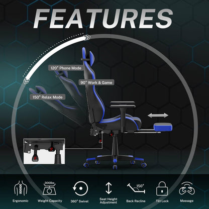 Alpha Series Pro Version Gaming Chair with Footrest Blue Gaming Recliners for Adults - SOONTRANS