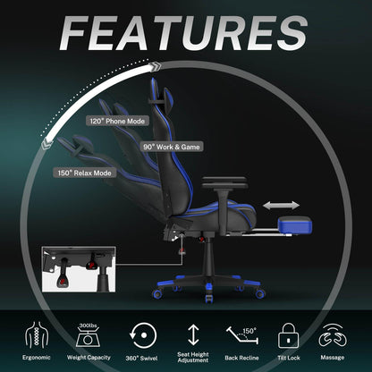 AMG Series Blue Upgrade Version Gaming Chair for Back Pain LOL Gaming Chair with Retractable Thicken Footrest - SOONTRANS