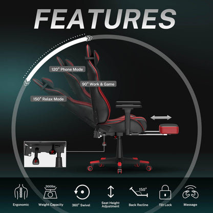 AMG Series Upgrade Version Racing Style Red Gaming Chair for Tall People with Thicken Footrest - SOONTRANS