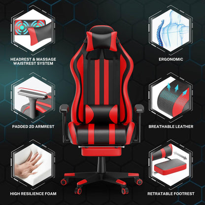 Alpha Series Upgrade Version Lumbar Gaming Chair with Footrest Red High Back Ergonomic Desk Chair - SOONTRANS