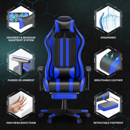 Alpha Series Pro Version Gaming Chair with Footrest Blue Gaming Recliners for Adults - SOONTRANS