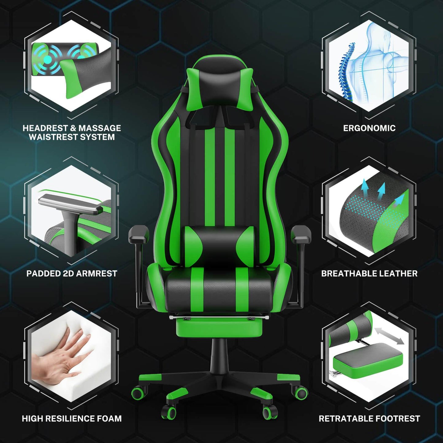 Alpha Series Upgrade Version Recommended Gaming Chairs Green Comfy Gaming Chair with Footrest - SOONTRANS