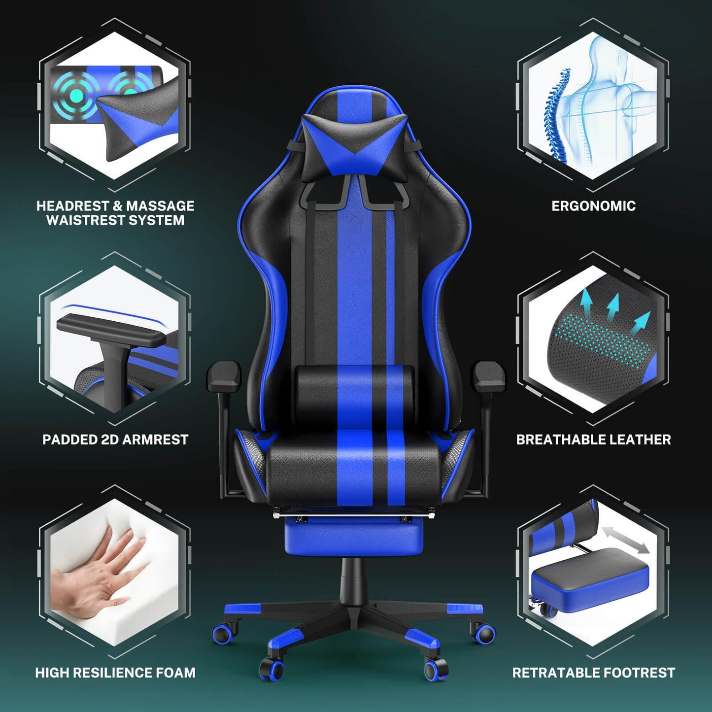 AMG Series Blue Upgrade Version Gaming Chair for Back Pain LOL Gaming Chair with Retractable Thicken Footrest - SOONTRANS