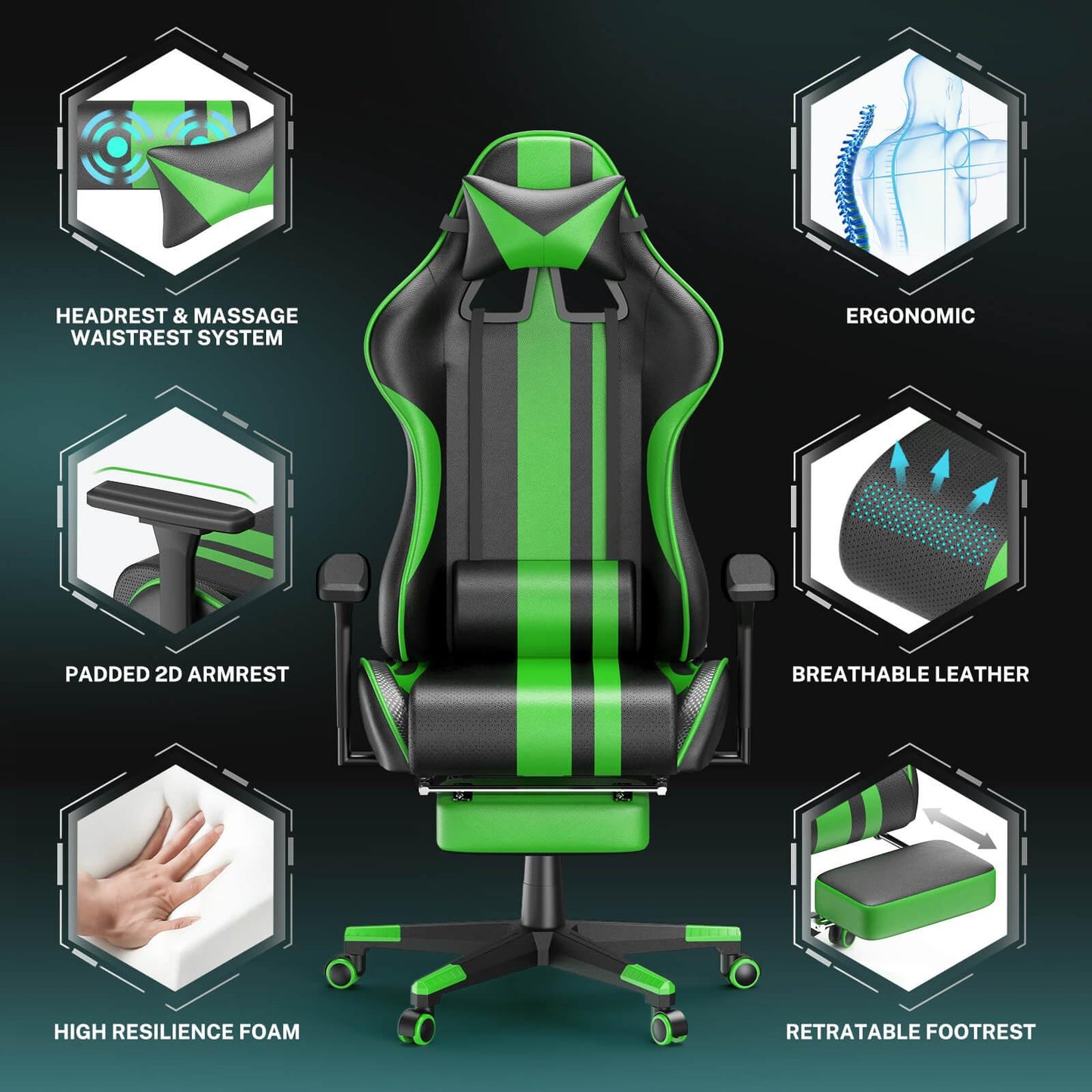 AMG Series Upgrade Version Racing Seat Chair for PC Green Gaming Chair for Teenager with Footrest - SOONTRANS