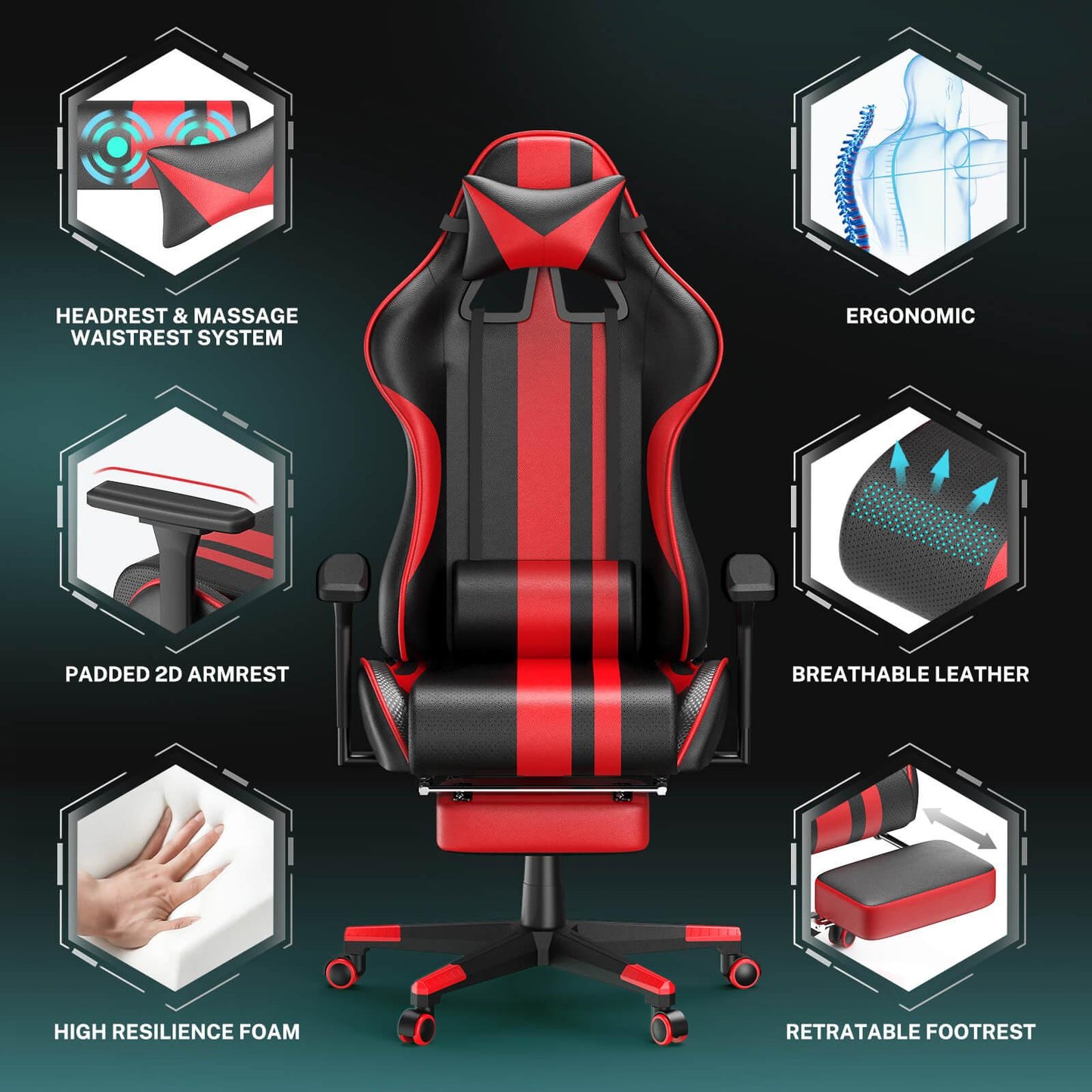 AMG Series Upgrade Version Racing Style Red Gaming Chair for Tall People with Thicken Footrest - SOONTRANS