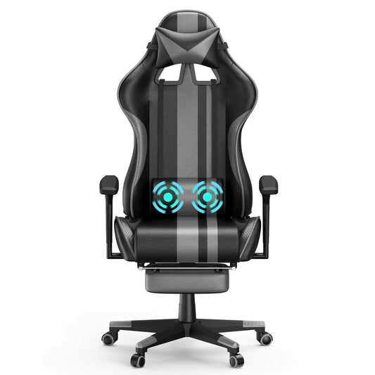 【Weight Capacity 300 Lbs】AMG Series Leather Ergonomic Gamer Chair Grey Gaming Chair with Massager Pillow