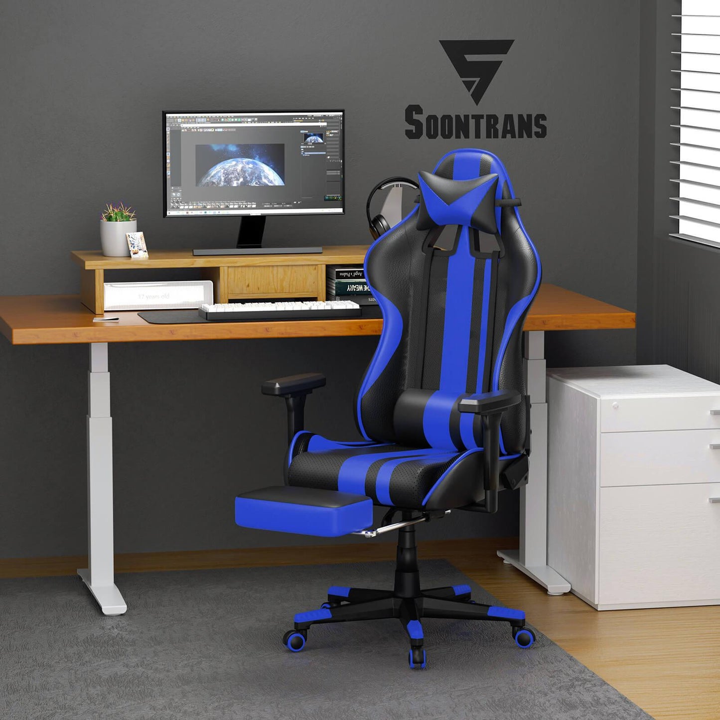 AMG Series Blue Upgrade Version Gaming Chair for Back Pain LOL Gaming Chair with Retractable Thicken Footrest - SOONTRANS