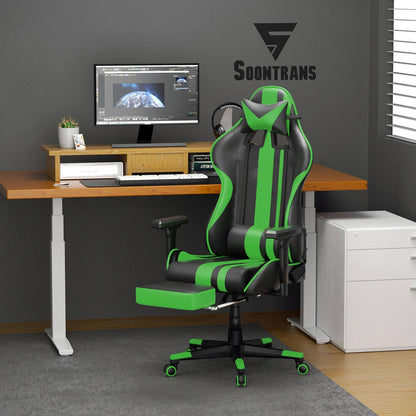 AMG Series Upgrade Version Racing Seat Chair for PC Green Gaming Chair for Teenager with Footrest - SOONTRANS