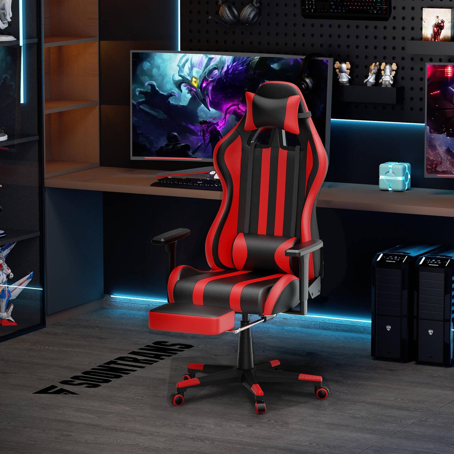 Alpha Series Upgrade Version Lumbar Gaming Chair with Footrest Red High Back Ergonomic Desk Chair - SOONTRANS