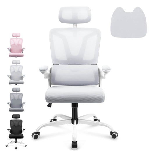 Sedia da ufficio ergonomica in rete Soontrans con cuscino di supporto lombare - Bianco Grigio 